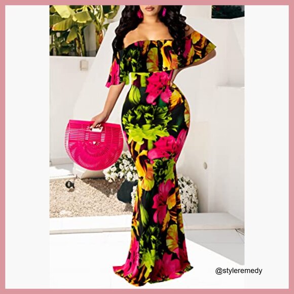 Off Shoulder Maxi Dress Elastic Waist Floral Long Party Dresses - Picture 3 of 6